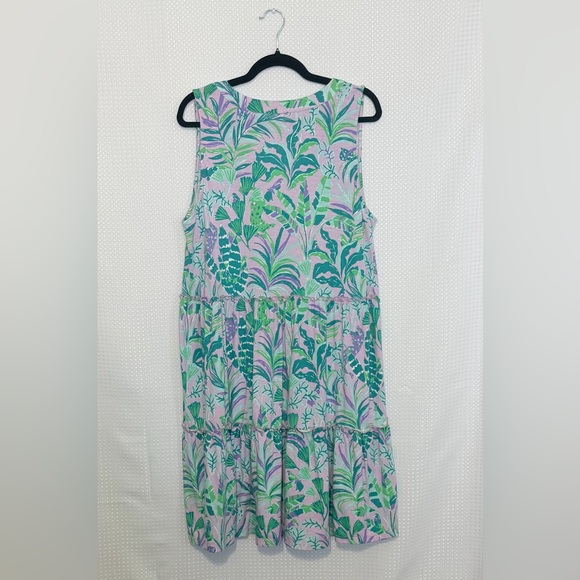Lilly Pulitzer Lorina Purple Iris Print Cotton Swing Ruffle Tier V-Neck Dress XL - Picture 5 of 9